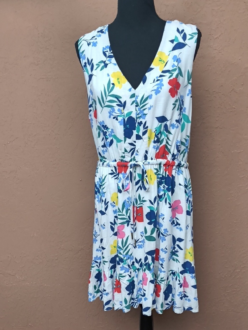 Draper James RSVP Women's White Floral Sleeveless Tie Waist Dress Size Large